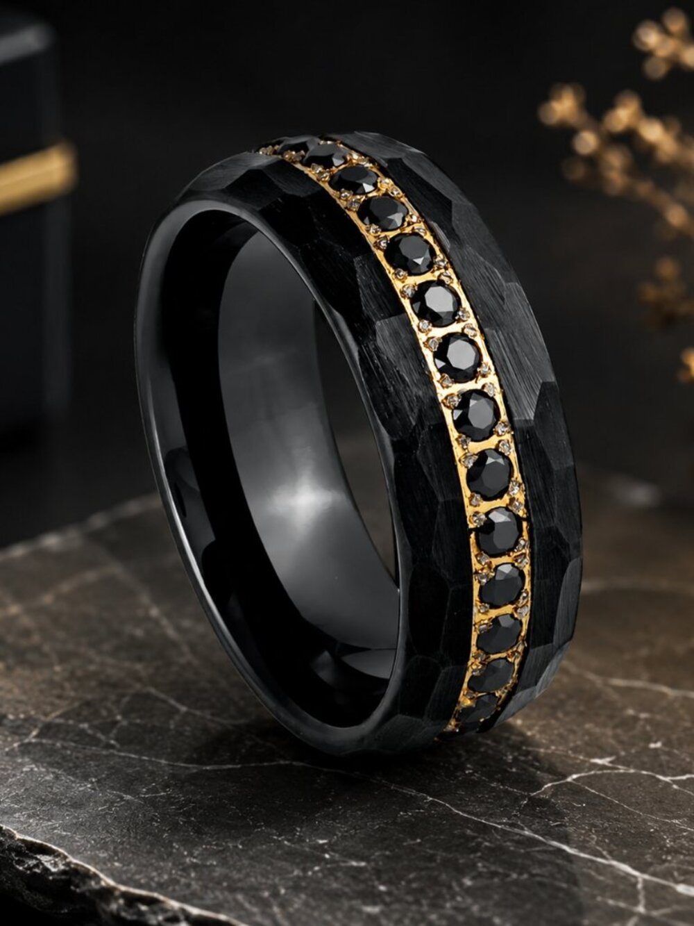 Men's Black Tungsten Ring with Gold Accent& Black Cubic Zirconia-GALTUN1080-7.5